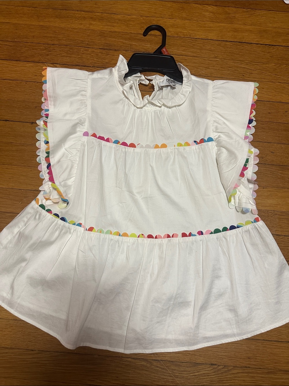 Women’s White Ruffle Blouse with Multicolor Scallop Trim